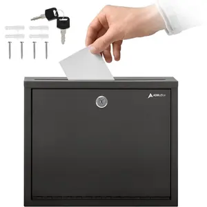 Adir Metal Suggestion Box with Lock and Slot, Wall Mount Deposit Box for Payments and Checks, Office Mail Box for Employees, Mailbox for House, Safe Drop Box with Keys - 3x10x12 Inch Black