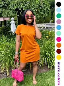 Women's Casual Dress, Loose Short Sleeve Round Neck Summer Sun Protection Dress, Comfortable Mid-Length Pocket Dress, Elastic Fit Midi Dress