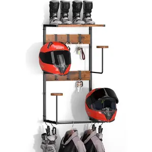 Country Style Motorcycle Helmet Holder Wall-Mounted, Helmet Rack with 4 Hat Holders, Wall-Mounted Helmet Holder for Display, Motorcycle Accessories Storage Suitable for Men, Large Size