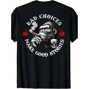 Funny Monkey Back Print Tshirt Retro Bad Choices Make Good Stories Slogan Monkey on Back Round Neck Casual Shirt Suitable for Parties Casual Attire Themed Events Machine Washable Humor, Plus Size