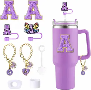 9 count Cup Accessories Set, Butterfly Straw Cover Cap for  Cup 30oz/40oz,Sticker for  Decorations,Initial Letter Charm Personalized Spill-Proof  Stoppers (Purple A)
