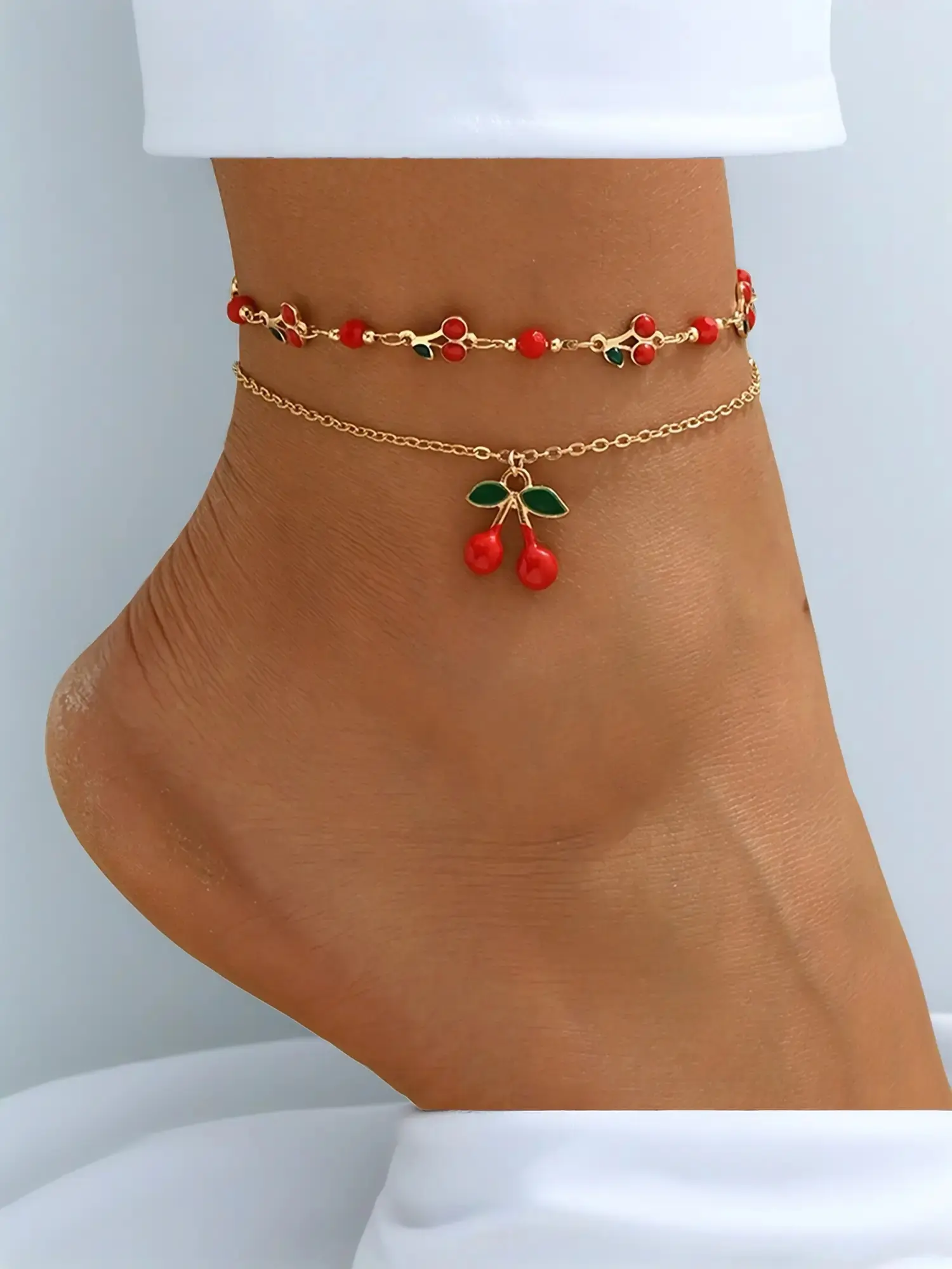 2 Pcs Sweet Cool Style Cherry Fruit Anklet Set for Women, Boho Double Layer Chain Anklets, Layered Anklet, Fashion Jewelry, Trendy Jewelry, Wearable Jewelry, Fashionable Jewelry Accessories, Fashionable Accessory, Alloy Material, Plain Pattern
