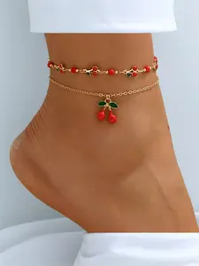 2 Pcs Sweet Cool Style Cherry Fruit Anklet Set for Women, Boho Double Layer Chain Anklets, Fashion Jewelry, Wearable Jewelry, Alloy Material, Plain Pattern