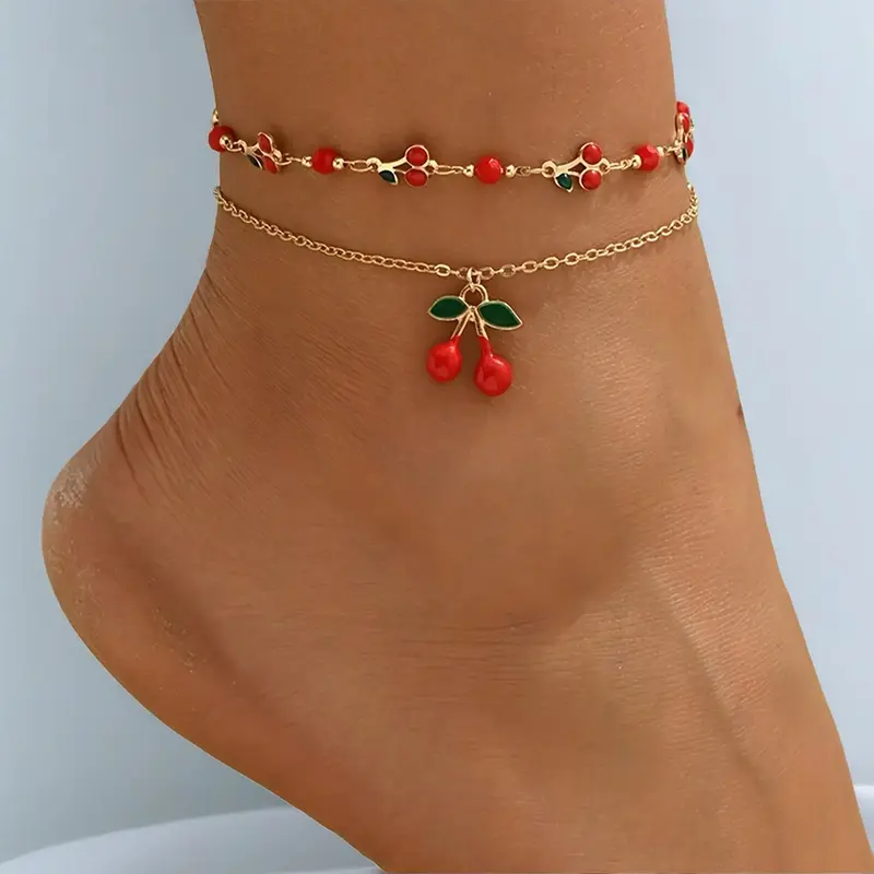 2 Pcs Sweet Cool Style Cherry Fruit Anklet Set for Women, Boho Double Layer Chain Anklets, Layered Anklet, Fashion Jewelry, Trendy Jewelry, Wearable Jewelry, Fashionable Jewelry Accessories, Fashionable Accessory, Alloy Material, Plain Pattern
