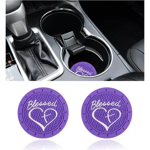 2PCS Car Cup Holder Coaster, 2.76 Inch Blessed Cross and Heart Christian Drink Mat, Soft PVC Non-Slip Shockproof Insert Cup Coaster for Women Girls, Interior Car Accessories (Purple)