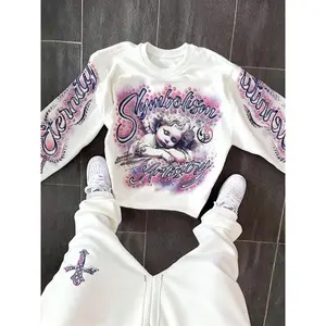 Men's Angel Print Warm Hoodie and Drawstring Waist Sweatpants Set, Casual Fitted Two-Piece, Spring & Fall Fashion