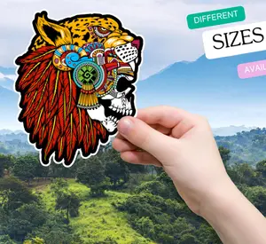 Jaguar Skull Vinyl Sticker - Aztec Warrior Spirit Decal - Weatherproof Mexican Folk Art Sticker for Cars, Laptops, Water Bottles