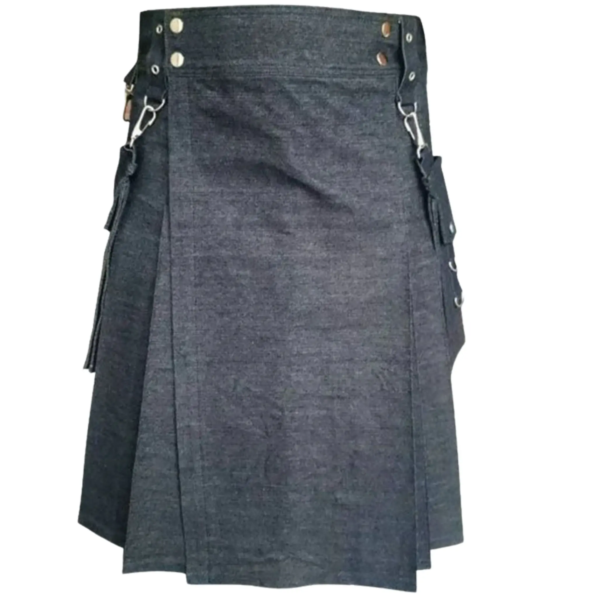 Dark Blue Tactical Denim Utility Kilt with 2 Big Flap Pockets Metal Hooks D-rings for Easy Movement Comfortable Fit