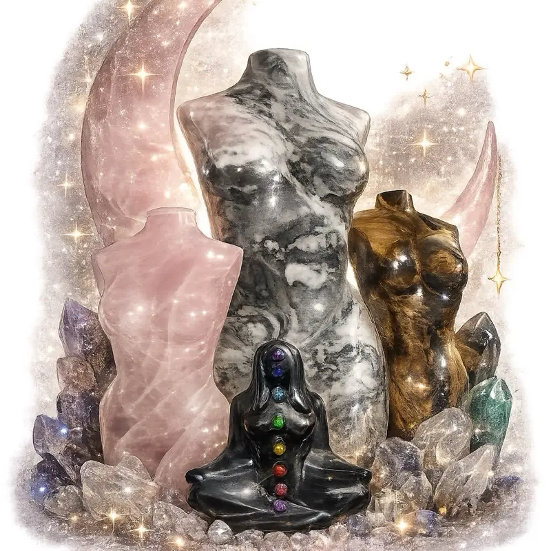 Divine Form Crystal Body Carving Collection Goddess Torsos Sculpture in Selenite & Tiger’s Eye Feminine Energy Decor for Altar Bedroom Self-Love Ritual Healing Stone
