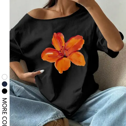 Women's Floral Print Off Shoulder Tee, Casual Comfy Short Sleeve T-shirt for Summer, Ladies Sleepwear for Indoor Wear Top, Bold Graphic Tee, Casual Fashionable Top, Casual Chic Top, Casual Everyday Top