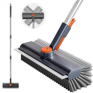 Heavy Duty Floor Scrub Brush with Long Handle – 3-in-1 Stiff Bristle Cleaning Brush & Scraper – For Shower, Bathroom, Patio, Pool, Garage, Kitchen, Walls & Deck – Home Cleaning Essentials