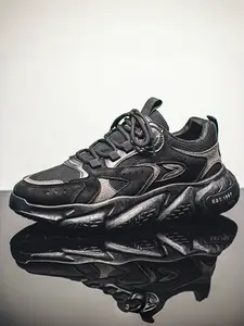 Men's Dark Gray Distressed Platform Dad Shoes: Mesh Breathable + Height-Increasing Anti-Slip, High-Street Trendy Casual Sneakers