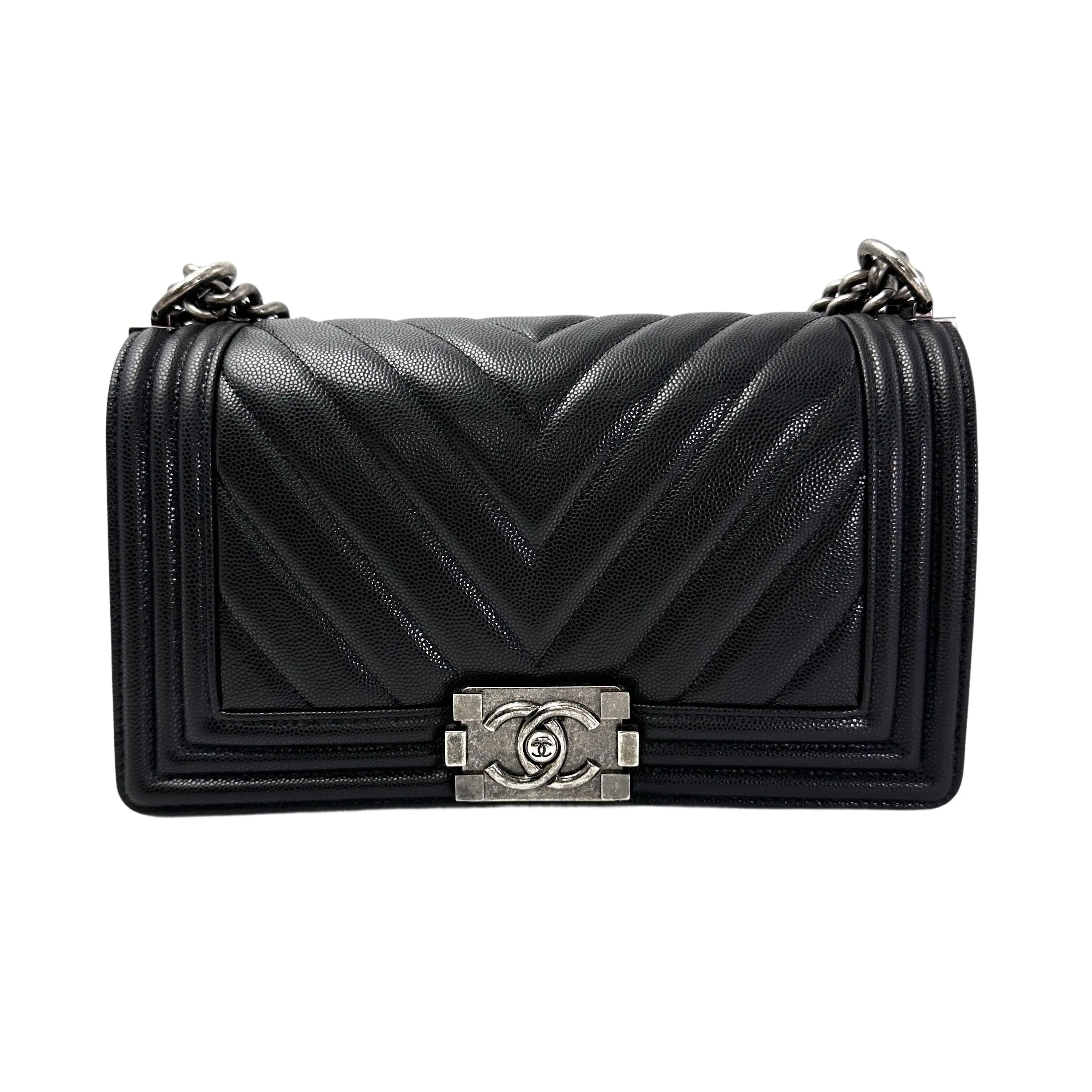 Pre-owned CHANEL Caviar Shoulder Bags LeBoy Black Chevron Flap Bag With Silver Buckle(23***91) CC1966