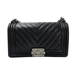 Pre-owned CHANEL Caviar Shoulder Bags LeBoy Black Chevron Flap Bag With Silver Buckle(23***91) CC1966