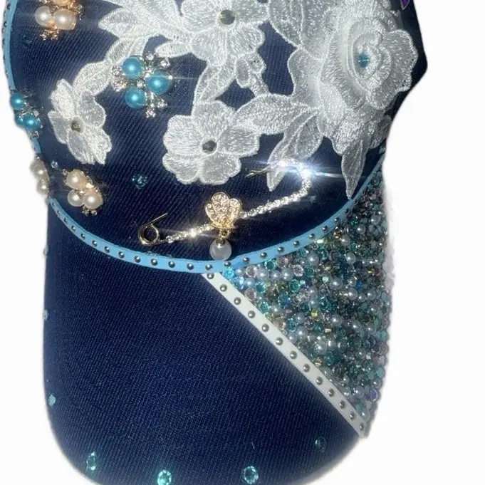 Navy Blue Distressed Trucker Hat - Adjustable Casual Wear Accessory with Rhinestone Glitter, Pearl Embellishment for Bold Statement Distressed Look
