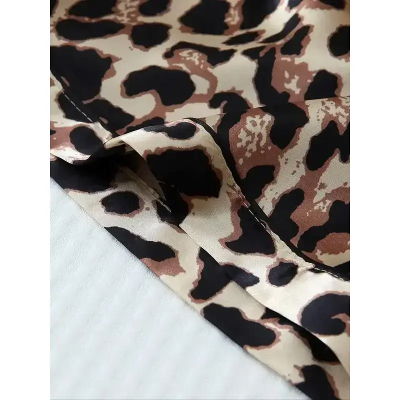 Women's Leopard Print Satin Pyjama Set, Casual Comfy Short Sleeve Pocket Shirt & Elastic Waist Shorts PJ Set, Ladies Summer Sleepwear, Pajamas Women's Leopard Print Satin Pyjama Set, Casual Comfy Short Sleeve Pocket Shirt & Elastic Waist Shorts PJ Set, Ladies Summer Sleepwear, Pajamas