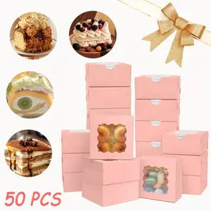 50PCS Pink Cookie Boxes 4x4x2.56 Inch Easy Assemble Macaroon Pastry Boxes Bakery Boxes with Window for Bakery
