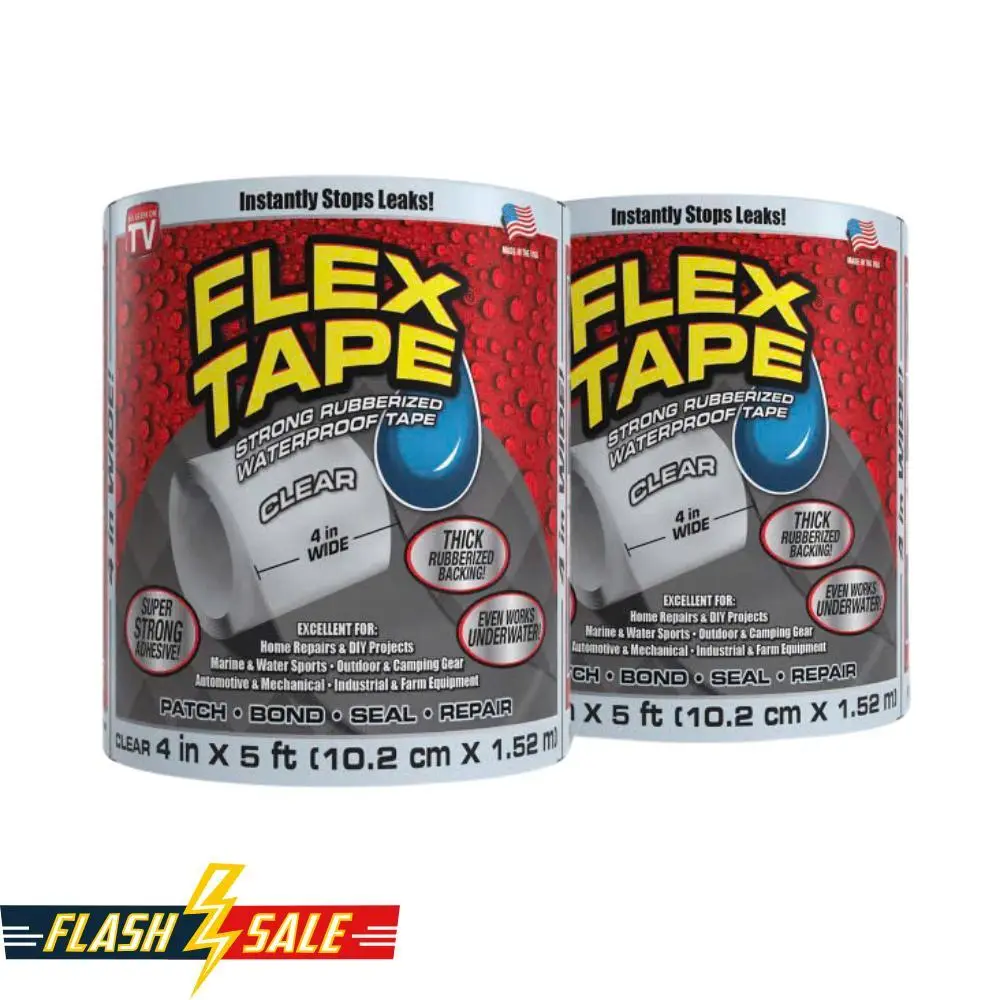 [ End of Season Blowout ] Flex Tape 4x5 (Black/Clear) Pack 2 -Thick rubberized waterproof tape seals leaks, works underwater, ideal for home, RV, pool, roof & plumbing repairs.