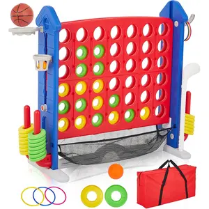 Giant 4-to-Score Game Set, 3-Level Height Adjustable Jumbo 4-in-a-Row Game with Quick-Release Slider, Mini Basketball, Golf & Ring Toss Set for Family Party, Outdoor & Indoor
