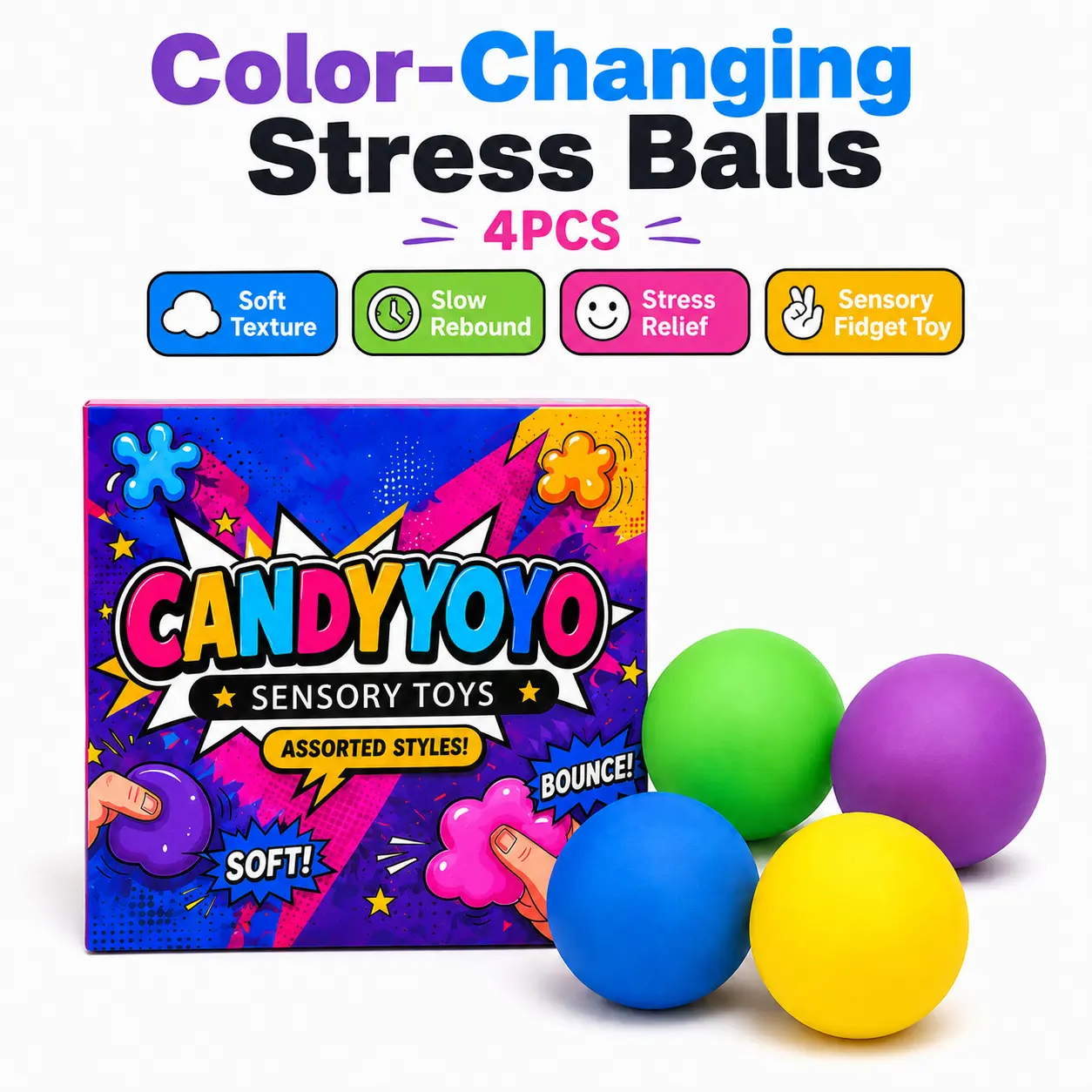 4-Pack Color-Changing Stress Balls Fidget Toy - Soft Slow Rebound Squeeze Balls, Sensory Anxiety Relief Toy, Party Favors Gift for Kids & Adults