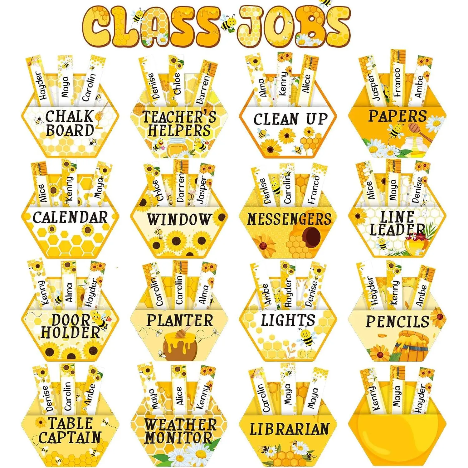 81 count Bee Class Jobs Chart Bee Honeycomb Class Jobs Bulletin Board Pockets with Name Tags Cards Hives Classroom Decor Teacher's Helper Chart for  to School Classroom Decoration