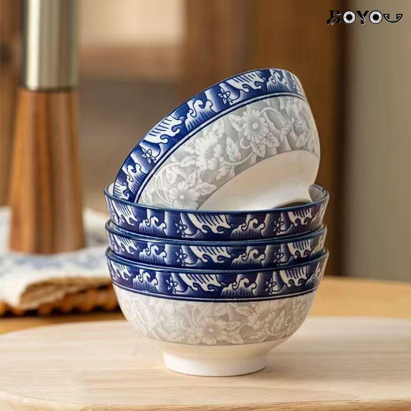 Viral Chinese Style Blue Wave Ceramic Bowls! BOYOU 4.5 Inch Underglaze Rice Bowls Set, Microwave & Dishwasher Safe, Thickened Anti-Scald Stackable Bowls for Pasta, Soup, Home Kitchen Upgrade Must-Have!