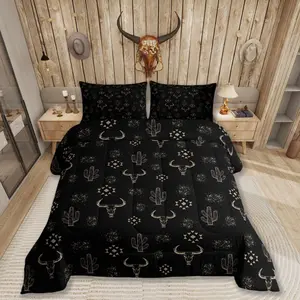 Feelyou Bohemian Bedroom Bedding Set - Western Aztec Decorative Comforter Set, Brown Black Boho Quilt with Exotic Bull Horns for Cowboys and Cowgirls, Decorative Bedding Set