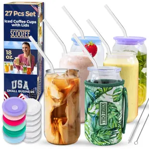 Scoozee Glass Cups with Acrylic Lids | 6 Glasses | 27 Piece Set