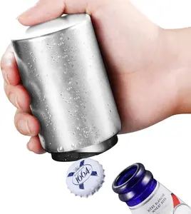 Beer Bottle Opener Automatic Bottle Opener Premium Bottle Openers for Seniors, Down-Pop Off Destapadores de Cerveza with Magnetic Cap Catcher, Cool Bartender Tools, Men Beer Gift （Silvery） Utensils Drink Traditional Stainless Beverage Plastic
