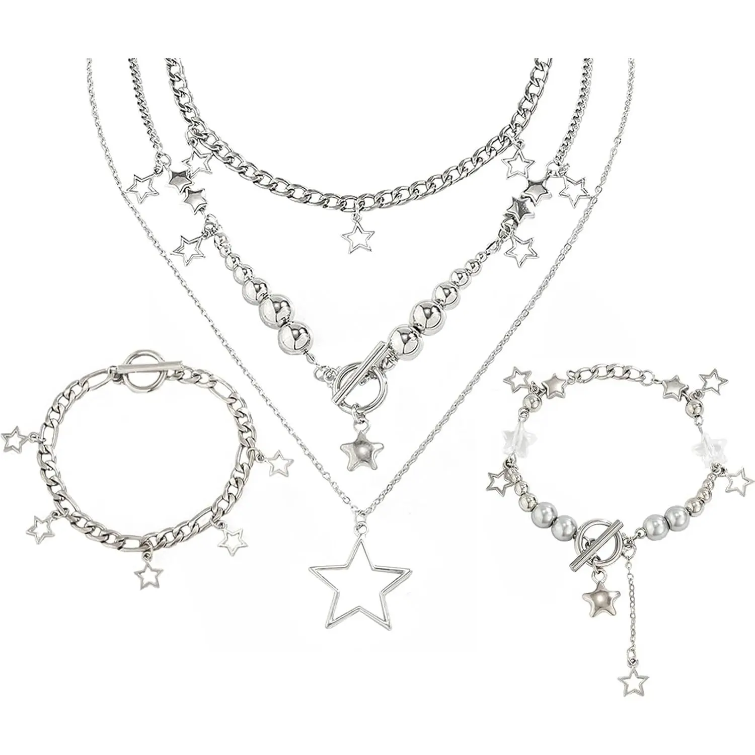 2 Pieces Silver Star Necklace Y2K Jewelry Set Grunge Necklace Kawaii Cute Necklaces Aesthetic Vintage Emo Jewelry summerwins