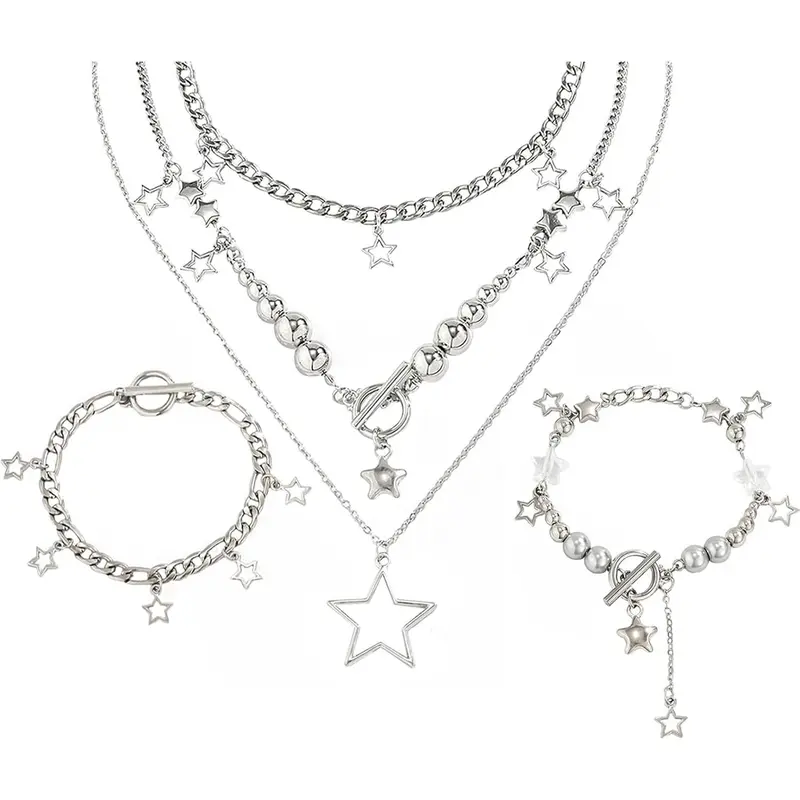 2 Pieces Silver Star Necklace Y2K Jewelry Set Grunge Necklace Kawaii Cute Necklaces Aesthetic Vintage Emo Jewelry
