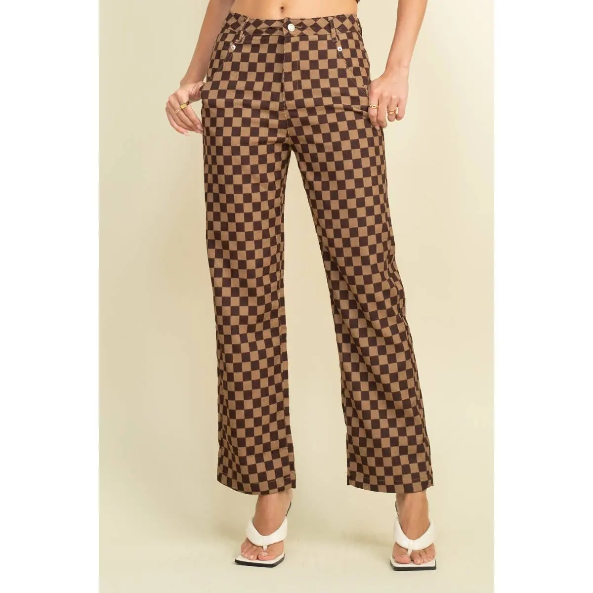 Checkerboard Corduroy Straight Leg Pants W Pockets