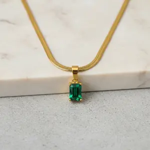 Emerald Green CZ Snake Chain Necklace – 18K Gold Herringbone Necklace – Minimalist Emerald Cut Pendant – May Birthstone Jewelry