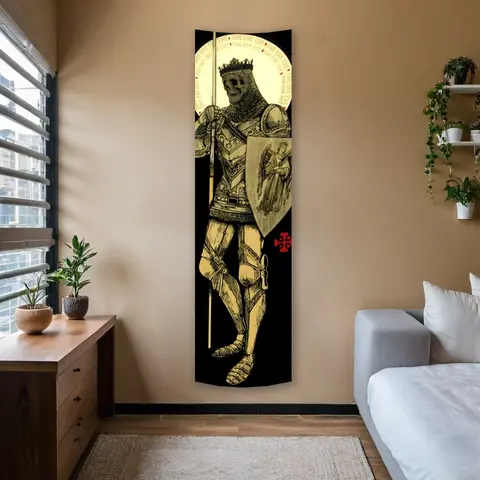 Knight Angel Vertical Banner Tapestry Wall Hanging, Medieval Armor Long Narrow Golden Art Tapestry, Ideal Gifts for Home Decor Enthusiasts, Polyester Stitched Edges Durable Decorative Wall Art for Room, Home Decoration Tapestry