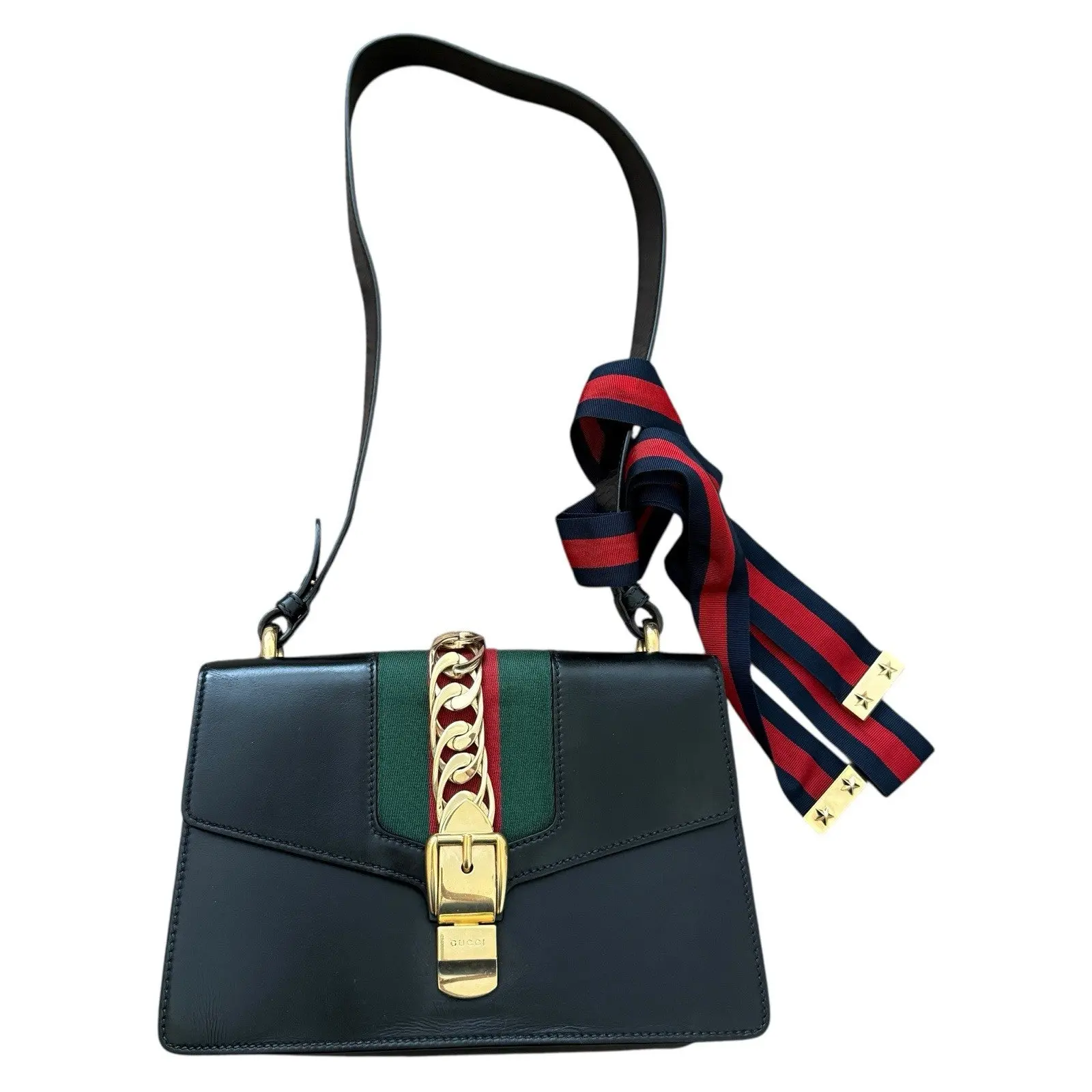Pre-owned GUCCI Sylvia Shoulder Bags Authentic with COA Sylvie Shoulder Bag Small Black Leather Web Ribbon