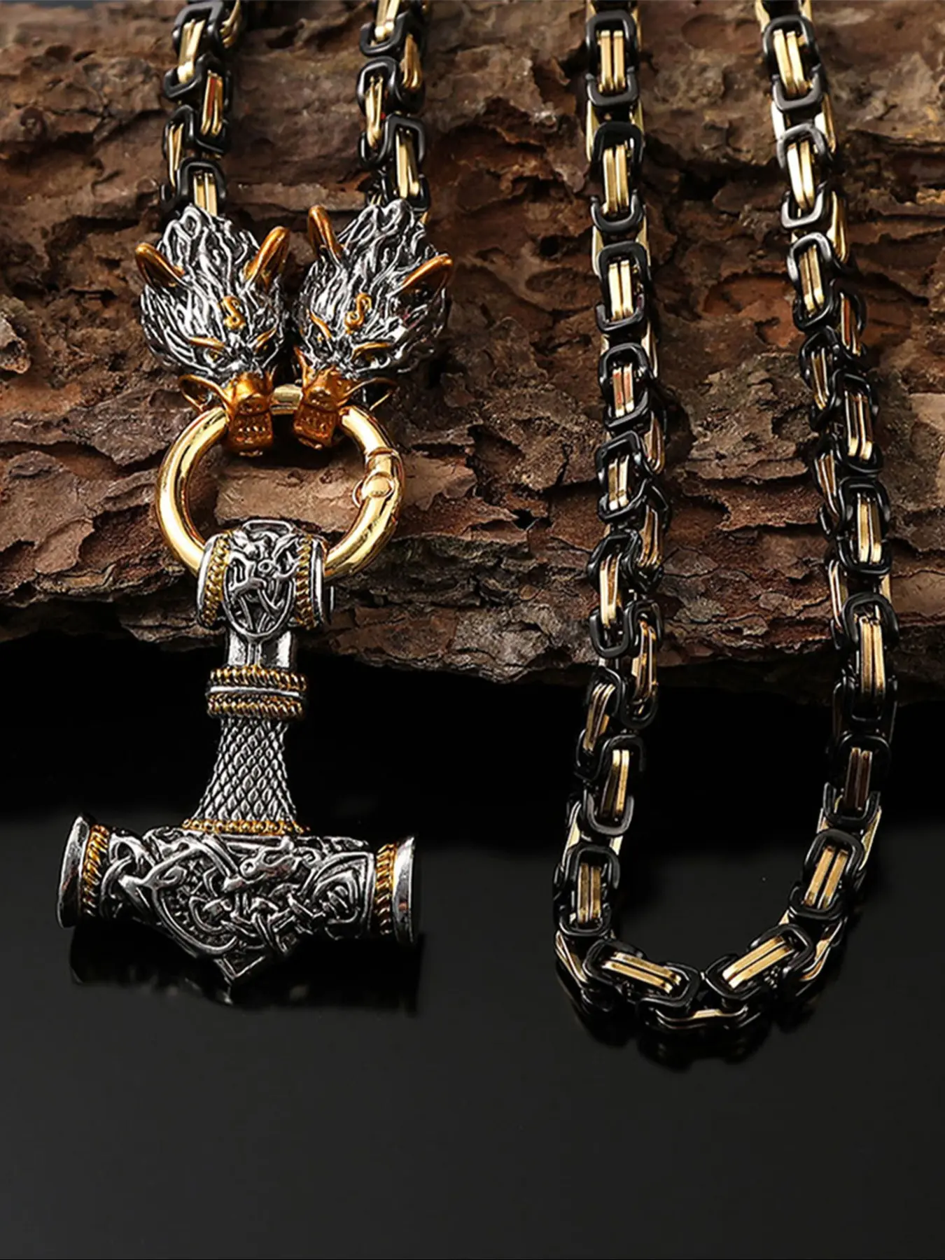 Viking Style Rune Hammer Pendant Wolf Head Necklace, Norse Mythology Odin Necklace, Stainless Steel Chain, Men's Punk Fashion Jewelry, Alloy Necklace, Stainless Steel Necklaces, Exquisite Chain Jewelry, Durable Jewelry
