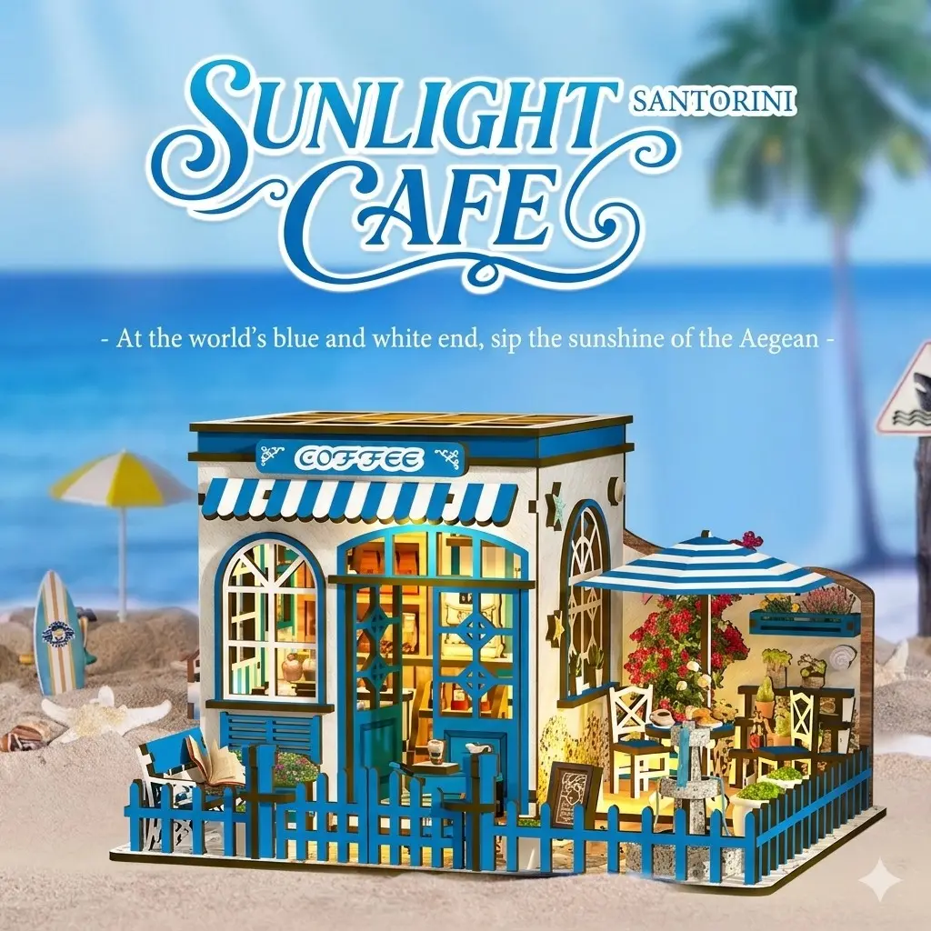 DIY Miniature Dollhouse Kit with Furniture & LED Light - Santorini Sunlight Coffee Shop - 3D Wooden Puzzle Creative Gift for Adults & Teens - Home Decor & Aesthetic Craft - Miniature Set