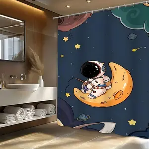 Moon Astronaut Shower Curtain, Starry Sky Extra Large Waterproof Thickened Mildew-Proof Bathroom Partition Curtain for Dry-Wet Separation, Durable Polyester Fabric Included & 12 Hooks for Easy Hanging, Bathroom Decoration Home Decor, Ideal Gift