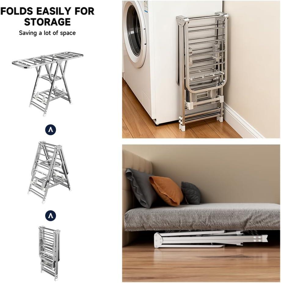 Foldable Indoor and Outdoor Clothes Drying Rack with Height-Adjustable Wings, 3-Tier Laundry Drying Rack with Windproof Hanging Holes and Wheels, 132 lbs Weight Capacity