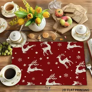 2D flat printing, 2-piece/4-piece/6-piece/8-piece set, Christmas placemat, red reindeer Christmas placemat - heat-resistant, washable linen table mat, suitable for holiday dining and kitchen decoration