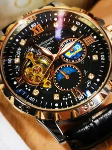 Luxury Elegant Men's Watch, Automatic Mechanical, Moon Phase Design, Hollow Bottom, Fashion Business Casual Style, Best Gift Watch, Analog Mechanical Watches