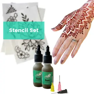 Henna Stencil Set Ready to Use in Bottles, Organic, Plant Based Fresh Cosmetic Makeup temporary tattoo henna cone kit