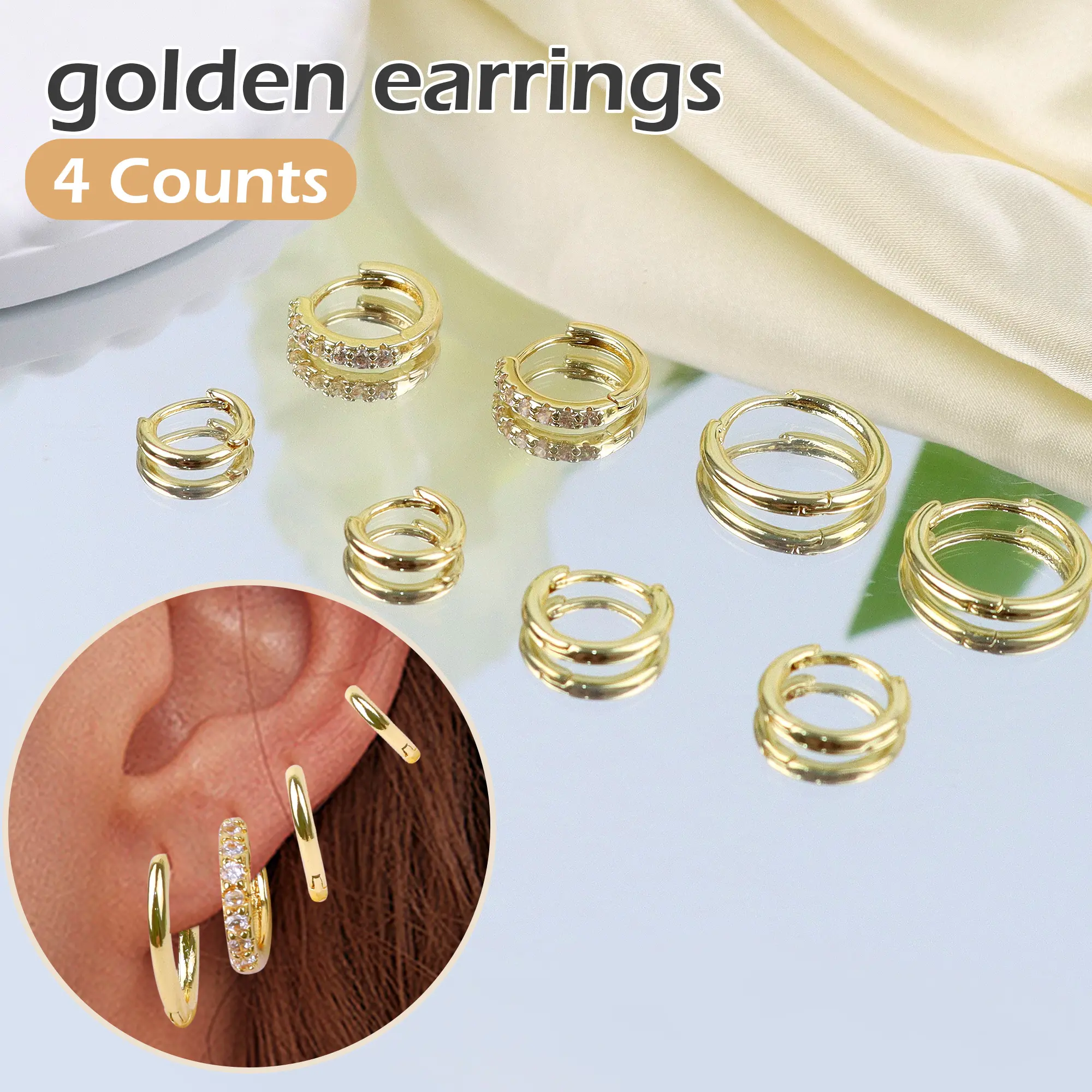 4 Counts Women's Gold Hoop Earrings Set, flexible clasp design easy to close and open holds securely