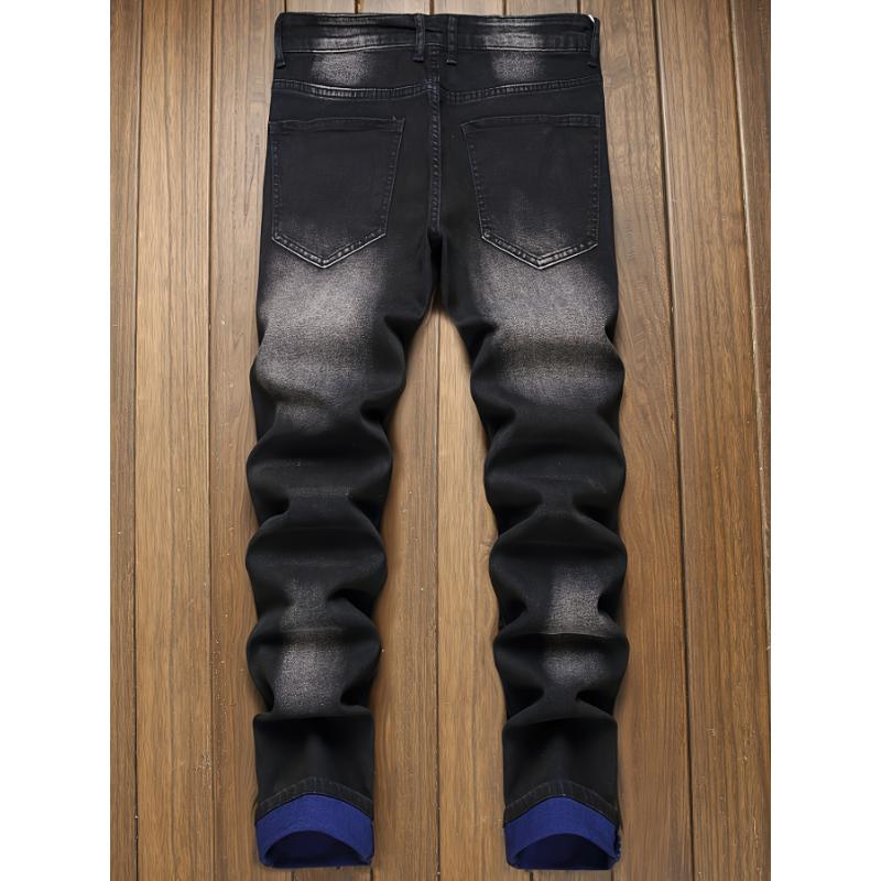 Men's Slim-Fit Ripped Black Jeans - Stretch Denim with Distressed Detail, Machine Washable