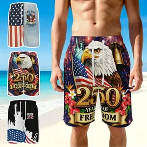 3pcs USA 250th Anniversary Men's Beach Shorts, Summer Bald Eagle Statue of Liberty Grpahic Patriotic Quick Dry Trunks with Lining, Gift for Dad Him
