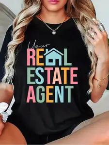 Women's Real Estate Agent T-Shirt - Professional Property Apparel, Casual Short Sleeve Round Neck Tee with Agent Text (Black/Grey/White/Dark Red) - All-Season Real Estate Marketing Outfit