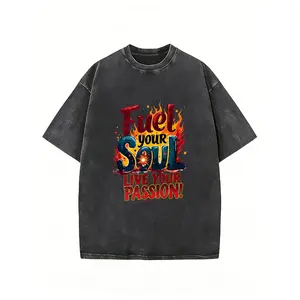 Men' Heavyweight  T-Shirt - Vintage Washed Crewneck Short Sleeve Tee with Fuel Your Soul Fire Graphic Print, Streetwear Casual Top Suitable for Daily Wear, Machine Washable Round Neck Shirt for Outings & Layering (No Transparency)