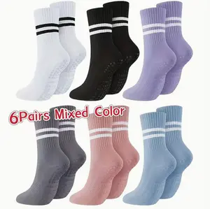 6 pairs of women’s mixed-color yoga socks—professional non-slip, breathable striped sports socks suitable for indoor Pilates, sports, fitness, and dance workouts; solid-color floor/sock liners; mid-calf socks