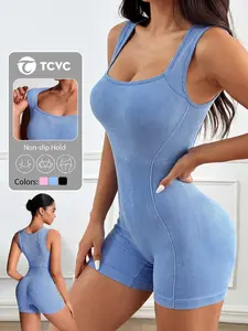 Women's Seamless Washed High Elastic Shapewear Jumpsuit, Wide Strap Square Neck Yoga Fitness Shorts, Breathable Quick-Dry Fabric