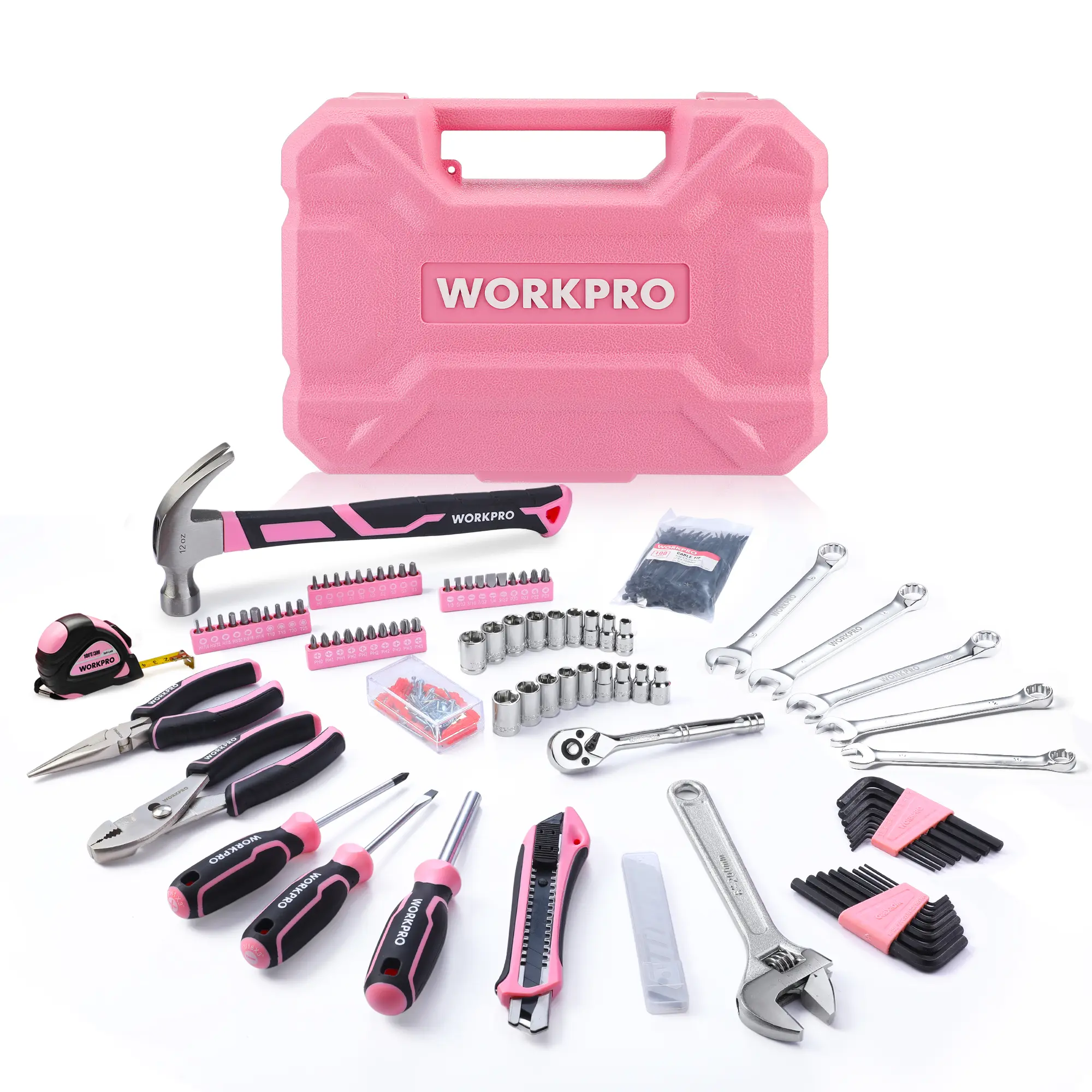 WORKPRO Pink Tool Set, 284 PACKS Tool Kit for Women, Basic Household Pink Tool Box with Sockets, Pliers, Ratchet Handle, Portable Toolkit for Home Repair, New Apartment, House-Warming, DIY - Pink Ribbon